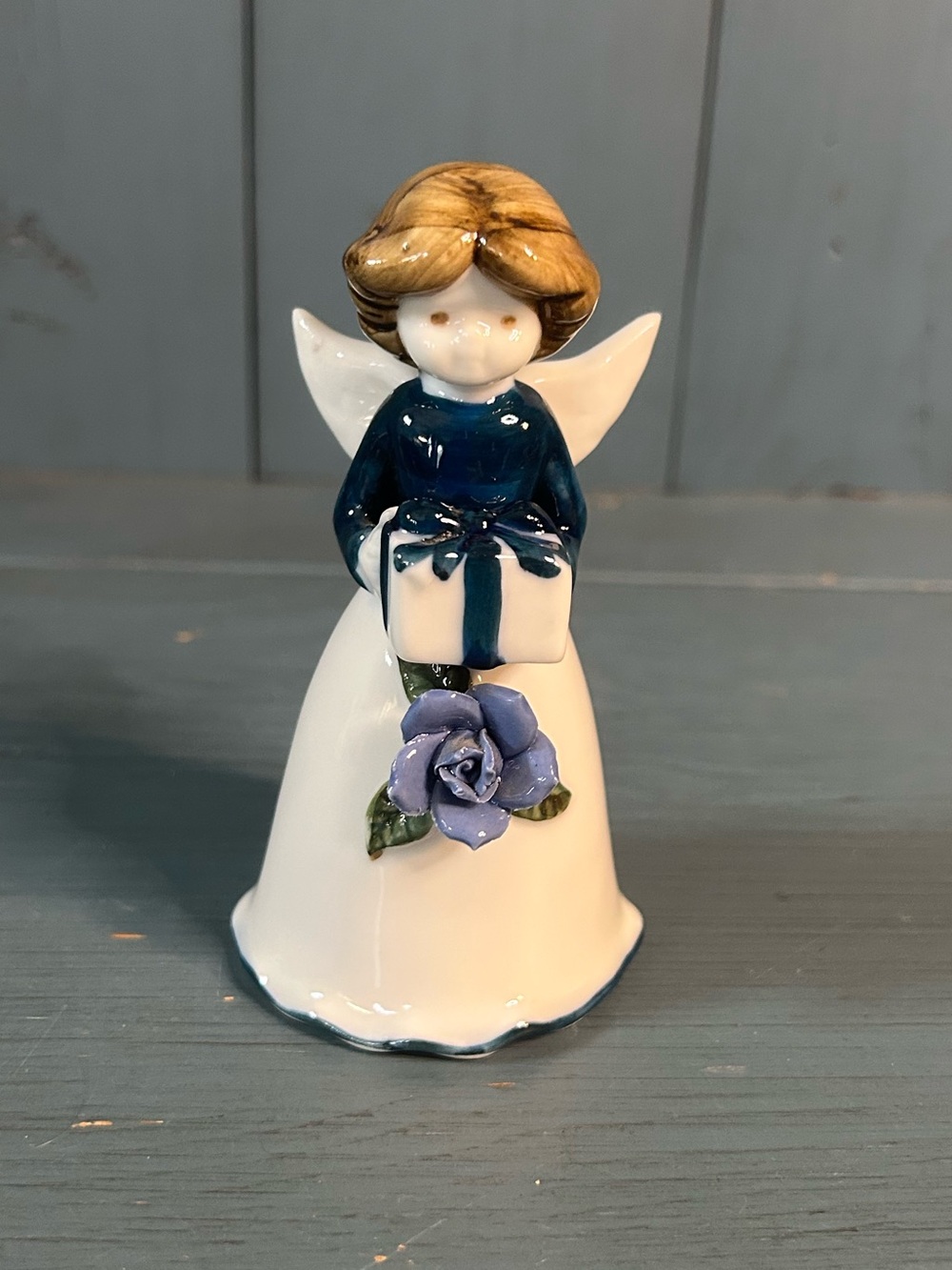Vintage Porcelain Lady Angel Bell - Holding a Present | White & Blue